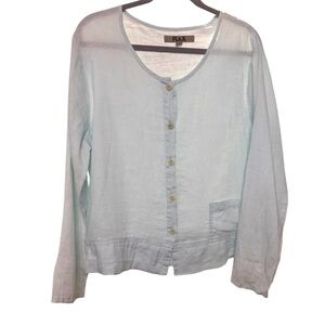 FLAX Linen Button Up Lightweight Lagenlook Beachy Beach Top Blouse Square Pocket